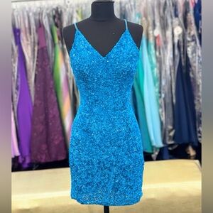 Amarra NWT Ocean Blue Cocktail Dress Short Fitted Sequin Backless Dress Formal